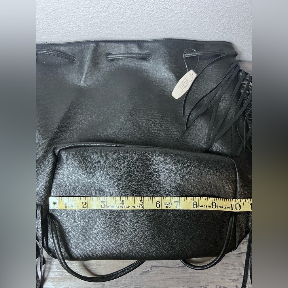 VICTORIA'S SECRET Black Faux Leather Fringe Drawstring Bucket Backpack NWT tags - Picture 8 of 11